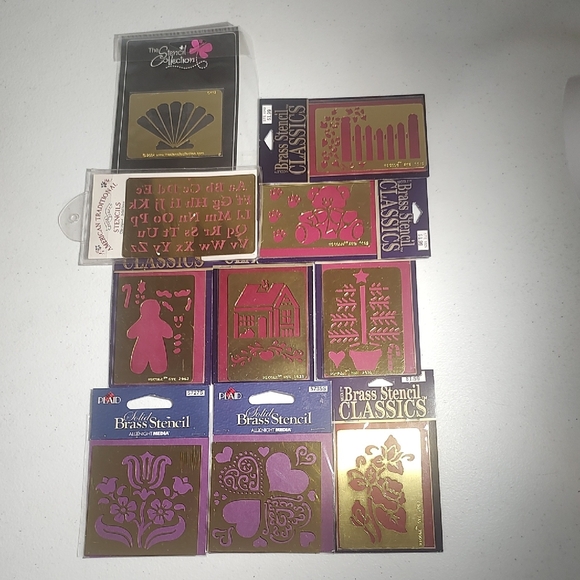 Plaid Other - Lot Of 10 Brass Stencils Gingerbread Man, Flowers, Bear, Hearts, Potted Tree